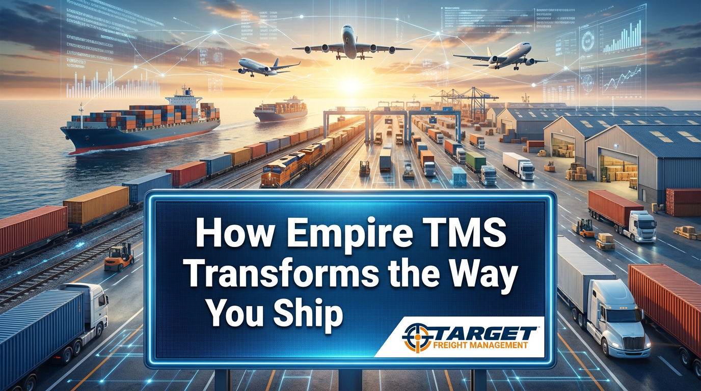 Target Freight Management Empire TMS platform showing freight tracking, rate quotes, and logistics data insights